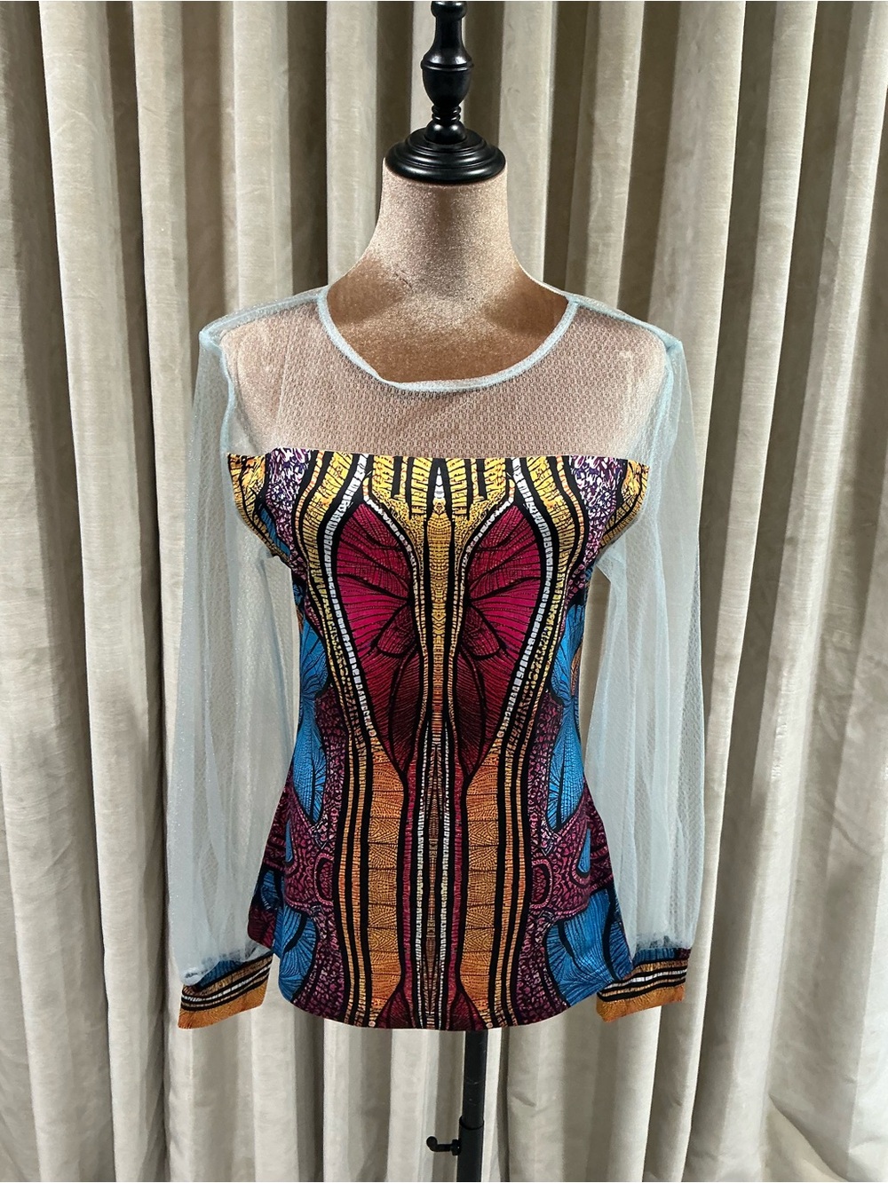 STYLEWE Multicolor Printed Bodice Top with Sheer Pale Blue Sleeves